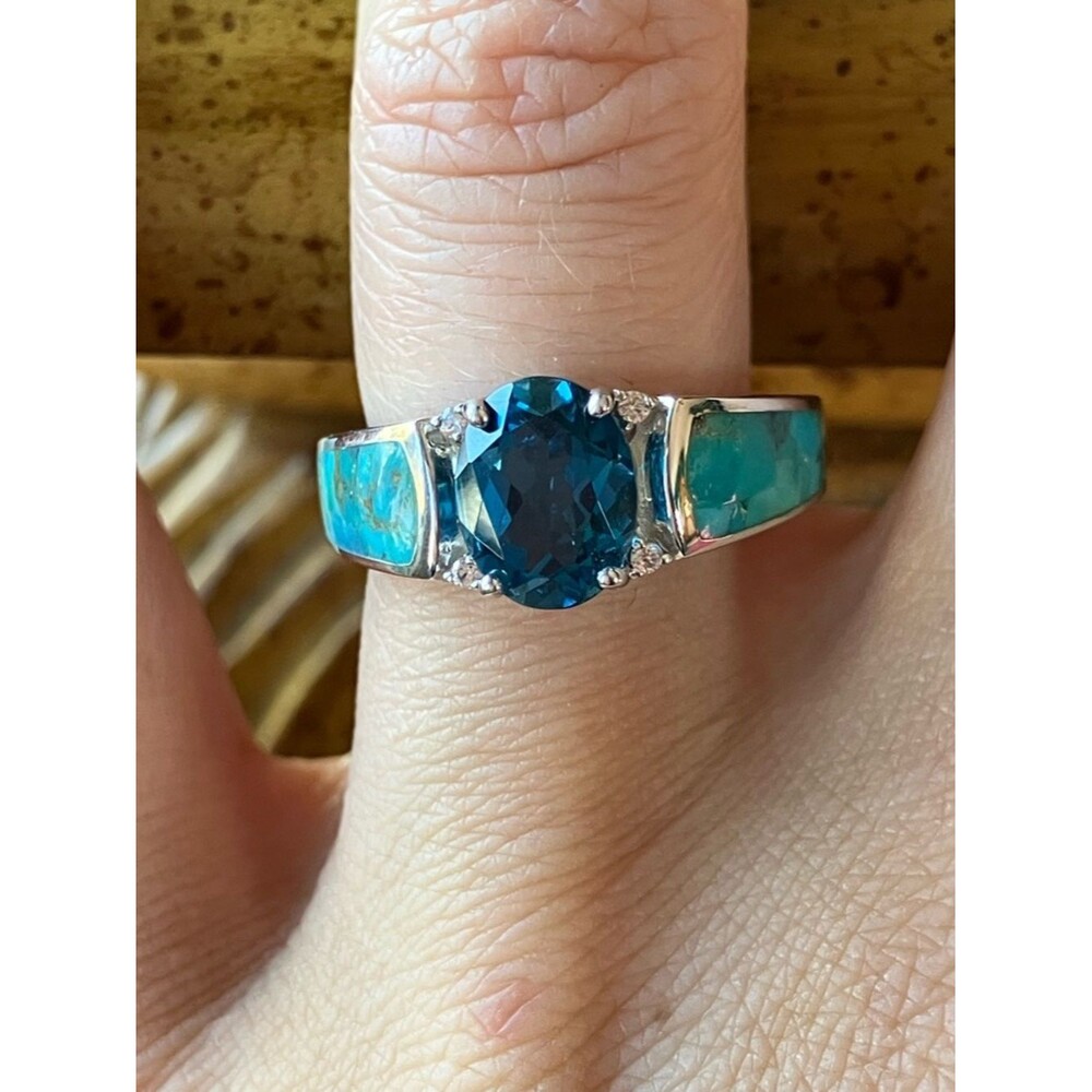 London Blue Topaz Turquoise Sterling Silver Ring Size 7